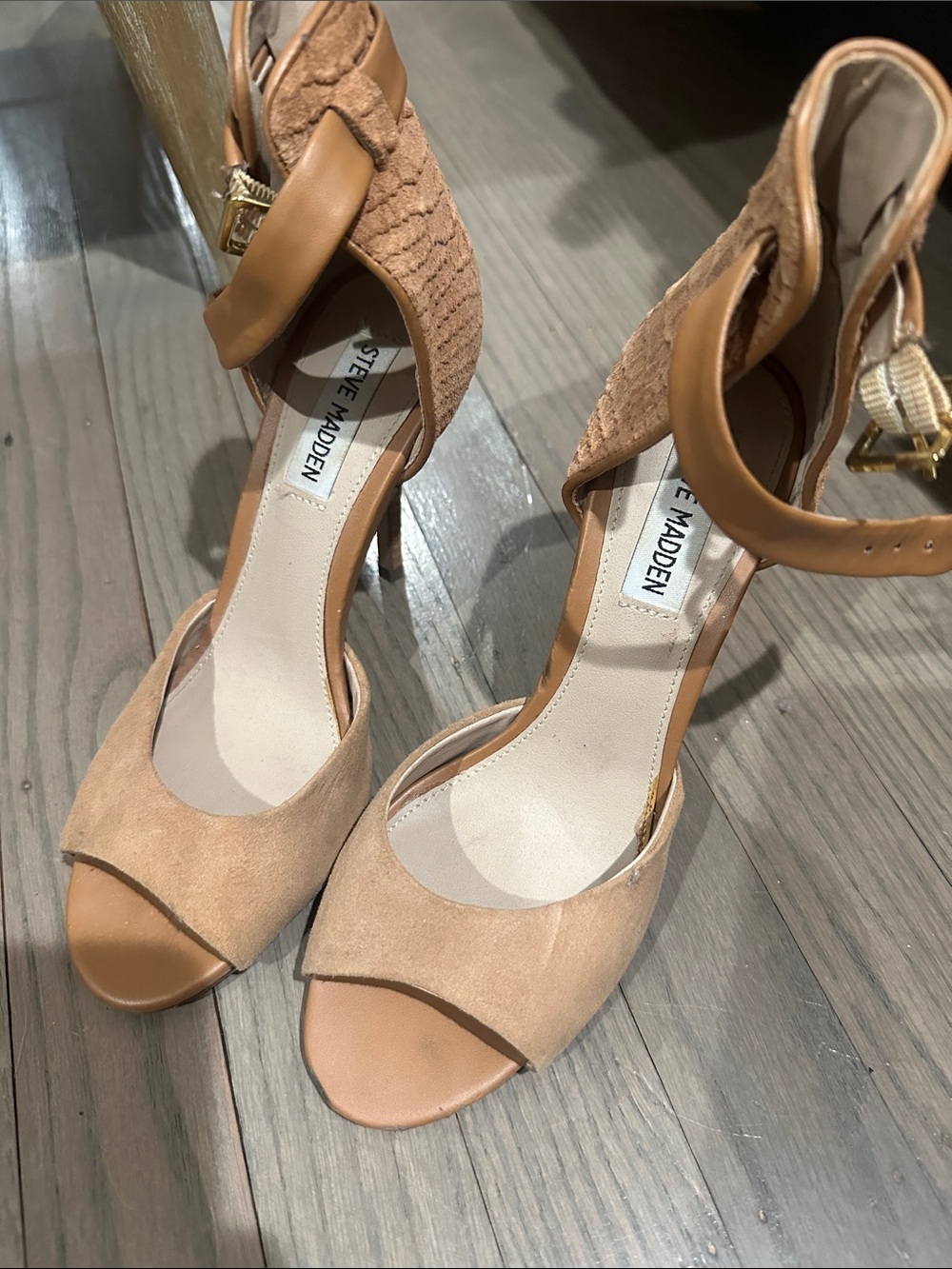 Steve Madden Tan Suede Peep-Toe Ankle Strap Heels (worn only twice)
